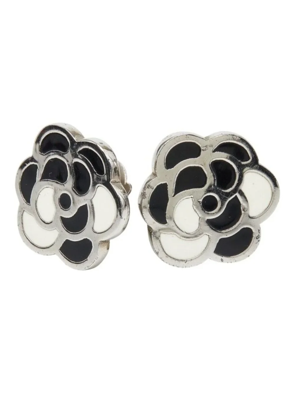 Chanel Camellia Earrings Silver Black Metal